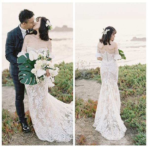 glamorous mermaid garden wedding dresses with sleeves off the shoulder delicate lace champagne lining bridal gowns vestidos de noiva, White
glamorous mermaid garden wedding dresses with sleeves off the shoulder delicate lace champagne lining bridal gowns vestidos de noiva, White
