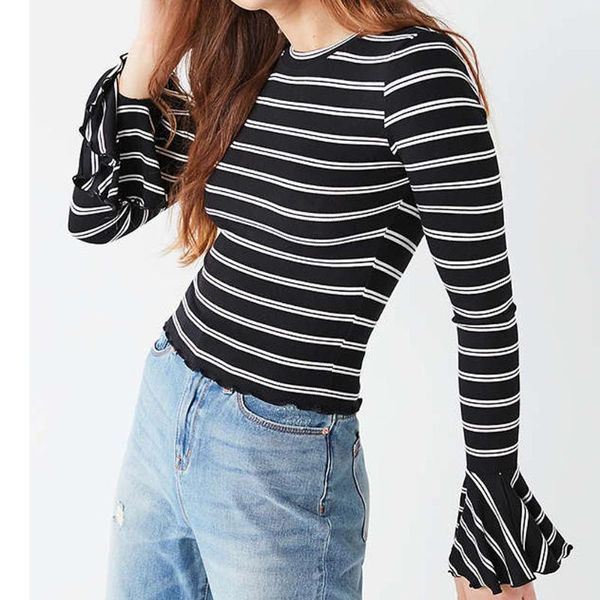 women clothes striped printed blouse casual o-neck flare sleeve evening party ladies camiseta transparente mujer hot, White
women clothes striped printed blouse casual o-neck flare sleeve evening party ladies camiseta transparente mujer hot, White
