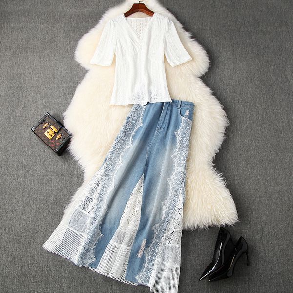 women brand designer two piece outfits 2020 summer ladies elegant short sleeve white lace and patchwork denim skirt set
women brand designer two piece outfits 2020 summer ladies elegant short sleeve white lace and patchwork denim skirt set