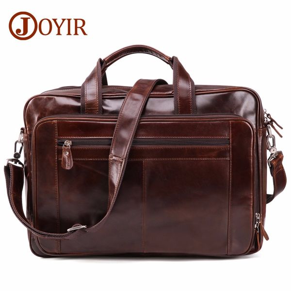 joyir men's genuine leather briefcases 16" big real leather laptote bag cow business bag casual men travel