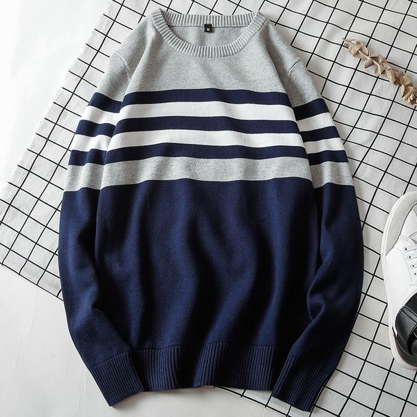 sweater men o-neck 100% cotton homme pullover men casual sweater male long sleeve steiped 2019 autumn 4xl, White;black 
sweater men o-neck 100% cotton homme pullover men casual sweater male long sleeve steiped 2019 autumn 4xl, White;black