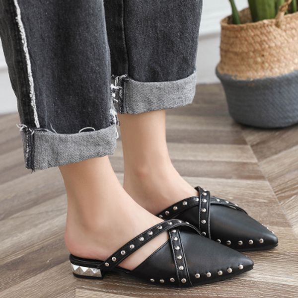 women's slippers rivets sequin cloth ladies sandals pointed toe square heel loafers shoes summer ladies shoes, Black
women's slippers rivets sequin cloth ladies sandals pointed toe square heel loafers shoes summer ladies shoes, Black