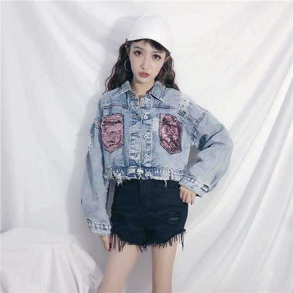 2019 new spring autumn women's jacket korean pocket sequins wild thin short student stand collar denim jacket female loose b169, Black;brown
2019 new spring autumn women's jacket korean pocket sequins wild thin short student stand collar denim jacket female loose b169, Black;brown