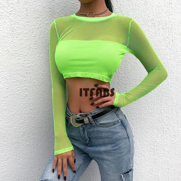 women hollow mesh net blouse long sleeve tee tops solid green transparent blouse clubwear, White