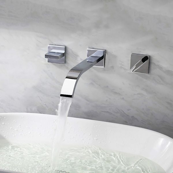 

waterfall bathroom faucet Wall mounted double handles brass material chrome plated basin mixer faucet high quality in wall tap