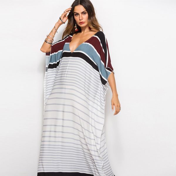 spring and summer 2019 selling new deep v-collar stylish loose robe striped dress long skirt women's skirt, Black;gray
spring and summer 2019 selling new deep v-collar stylish loose robe striped dress long skirt women's skirt, Black;gray