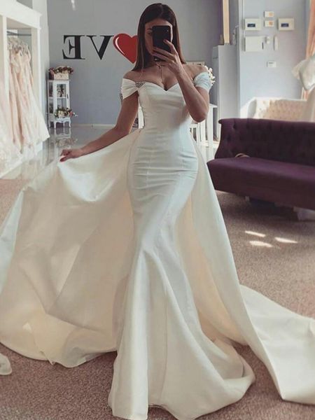 summer simple off shoulder mermaid wedding dresses with detachable train south african beaded princess satin customize wedding gown, White
summer simple off shoulder mermaid wedding dresses with detachable train south african beaded princess satin customize wedding gown, White