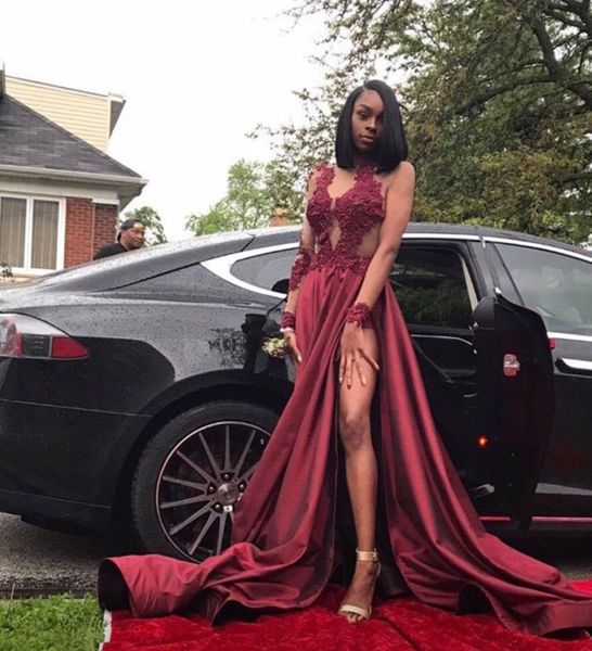 dark red high slits black girls prom dresses see through appliques long sleeves elegant evening dresses satin long train vestidos festa
dark red high slits black girls prom dresses see through appliques long sleeves elegant evening dresses satin long train vestidos festa