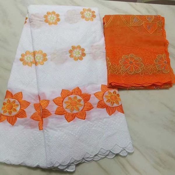 

5Yards Hot sale white african cotton fabric with nice pattern embroidery and 2yards orange blouse net lace set for dress BC74-6