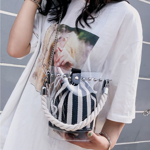 transparent rivet girls one shoulder slant handbag with korean tidal bucket in summer of 2019
transparent rivet girls one shoulder slant handbag with korean tidal bucket in summer of 2019