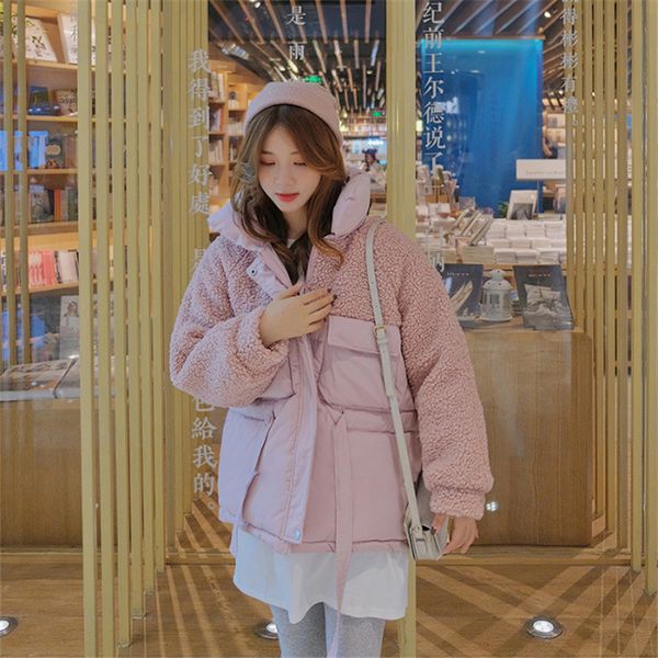 winter new lamb hair stitching cotton suit korean version loose waist tie fashion coat jacket thicken female outwear, Black 
winter new lamb hair stitching cotton suit korean version loose waist tie fashion coat jacket thicken female outwear, Black