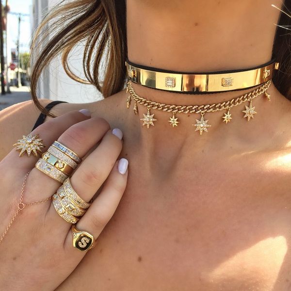 32+8cm hip hop bling gold filled women choker miami cuban link chain with starburst star charm choker necklaces, Silver