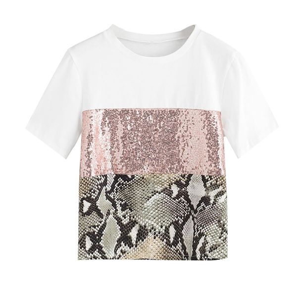 fashion womens pacthwork t shirts leopard print sequin sleeve tee casual tee-shirt femme camisetas, White 
fashion womens pacthwork t shirts leopard print sequin sleeve tee casual tee-shirt femme camisetas, White