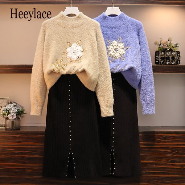 large ladies knitted sweaters 2 piece set winter women sequin embroidery pullover + split long skirt two piece set knit suit, White
large ladies knitted sweaters 2 piece set winter women sequin embroidery pullover + split long skirt two piece set knit suit, White