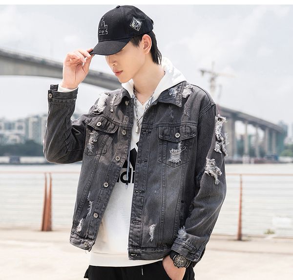 spring autumn new black gray denim jacket men's hip hop retro frayed jacket street casual pilot fashion plus size m-5xl, Black;brown
spring autumn new black gray denim jacket men's hip hop retro frayed jacket street casual pilot fashion plus size m-5xl, Black;brown