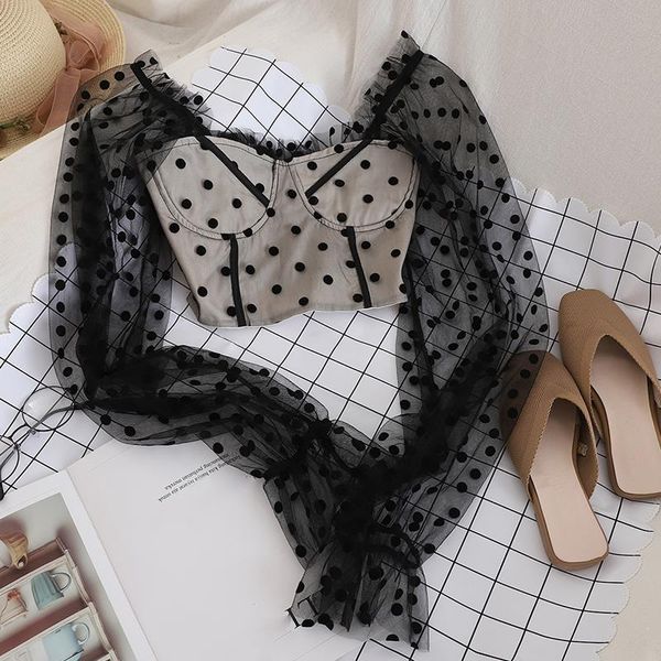 high waist crop shirt gauze dot puff long sleeve patchwork blouse vintage retro square collar slim short blusas, White
high waist crop shirt gauze dot puff long sleeve patchwork blouse vintage retro square collar slim short blusas, White