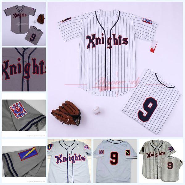 Mens Roy Hobbs Jersey #9 New York Knights The Natural Movie Embroider stitched baseball jerseys White Gray