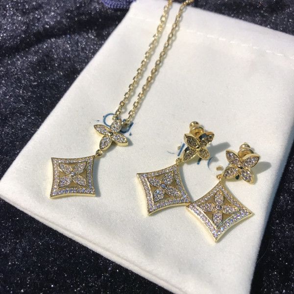 diamond earrings and necklace for woman brass material necklace unique retro earring fashion jewelry supply, Silver