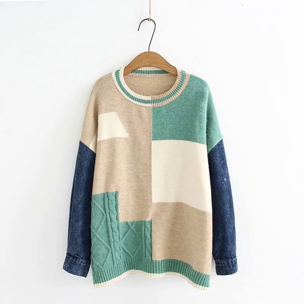 plus size autumn winter women's sweters patchwork knitted + denim pullover oversized outwears, White;black
plus size autumn winter women's sweters patchwork knitted + denim pullover oversized outwears, White;black