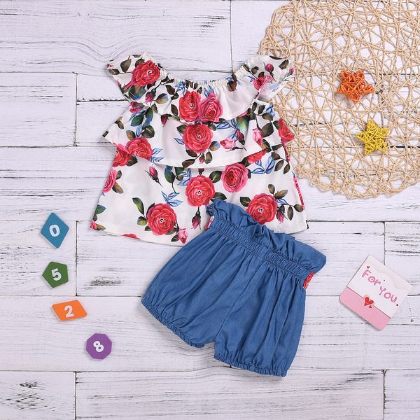 ins selling childrenswear summer new style girls rose printed off-shoulder denim shorts set, White
ins selling childrenswear summer new style girls rose printed off-shoulder denim shorts set, White