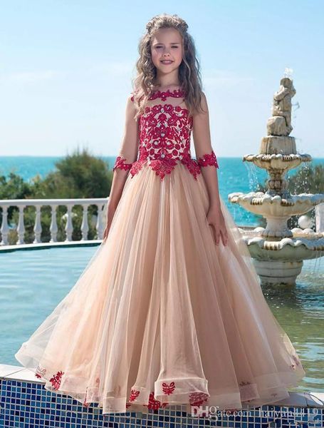 

champagne girls pageant dresses jewel neck half sleeves red lace appliques beaded a line tulle long flower girl first communion gowns, White;blue