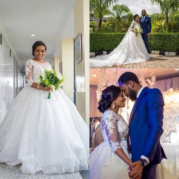 african plus size wedding dresses 3/4 sleeves lace appliques south arabic wedding gown ball gown long train bridal gowns plus size, White
african plus size wedding dresses 3/4 sleeves lace appliques south arabic wedding gown ball gown long train bridal gowns plus size, White