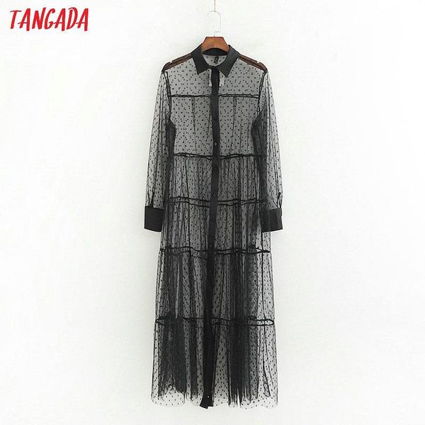 tangada women polka dot transparent mesh shirt dress long sleeve female chic black white midi dresses vestidos 1d151 t200117