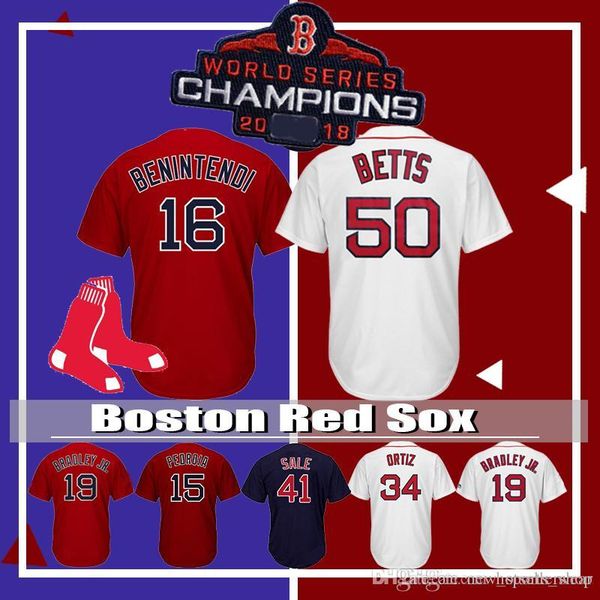 Boston Mookie Red Sox 50 Betts 2018 World Series Men's Baseball 16 Andrew Benintendi 19 Jackie Bradley Jr. 28 JD Martinez 41 Chris Sale
Boston Mookie Red Sox 50 Betts 2018 World Series Men's Baseball 16 Andrew Benintendi 19 Jackie Bradley Jr. 28 JD Martinez 41 Chris Sale