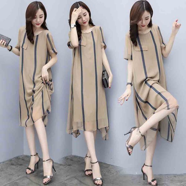 2019 summer new dress striped loose short-sleeved mid-length skirt plus size chiffon a-line skirt women, Black;gray
2019 summer new dress striped loose short-sleeved mid-length skirt plus size chiffon a-line skirt women, Black;gray
