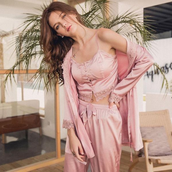 2020 women's new summer simulation silk home service suit lace stitching four-piece pajama set, Black;red 
2020 women's new summer simulation silk home service suit lace stitching four-piece pajama set, Black;red