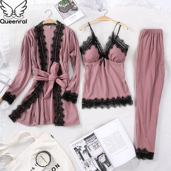 queenral 3pcs pyjama femme long sleeve pijama for women sleepwear set cotton home clothes pajamas sets lace robe pajamas, Black;red
queenral 3pcs pyjama femme long sleeve pijama for women sleepwear set cotton home clothes pajamas sets lace robe pajamas, Black;red
