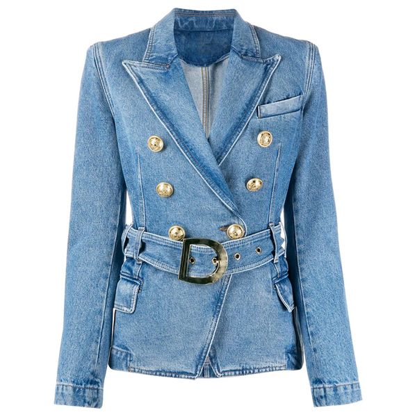 2020 new fashion designer blazer women's double breasted lion buttons belted soft denim blazer jacket, White;black
2020 new fashion designer blazer women's double breasted lion buttons belted soft denim blazer jacket, White;black