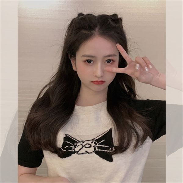 rouwbnaby t-shirt jacquard short-sleeved t-shirt women's loose bowknot jacquard color-matching shoulder sleeve round collar knitted top, White
rouwbnaby t-shirt jacquard short-sleeved t-shirt women's loose bowknot jacquard color-matching shoulder sleeve round collar knitted top, White