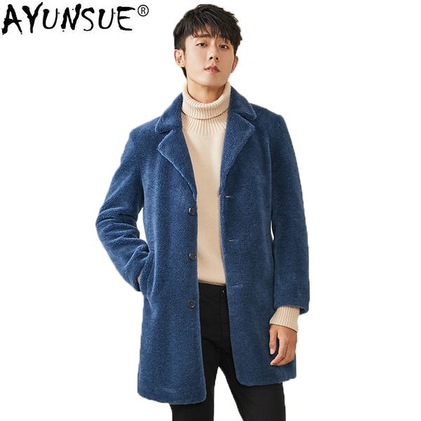 

ayunsue 2018 new real fur men sheep shearling coat male autumn winter long jacket men korean wool coats erkek mont kaban kj1321, Black