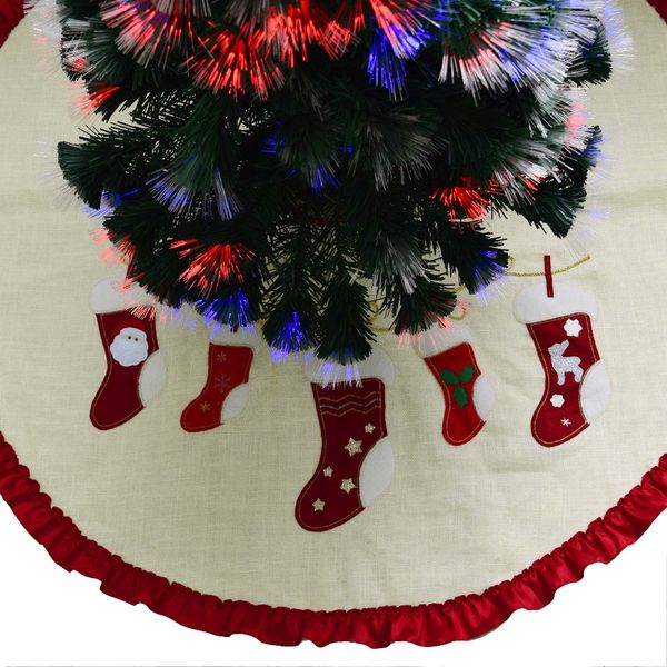 50" jutte/linen fabric with christmas stocking design applique embroidery red ruffle border christmas tree skirt
50" jutte/linen fabric with christmas stocking design applique embroidery red ruffle border christmas tree skirt