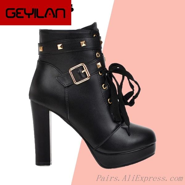 women ankle boots plus size 44 wholesale lace up woman high heels platform shoes with buckle strap rivets stud. elegant footwear, Black
women ankle boots plus size 44 wholesale lace up woman high heels platform shoes with buckle strap rivets stud. elegant footwear, Black