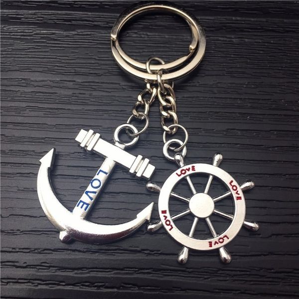 

one pair new fashion creative metal ship rudder keychains for men women home keychain car key ring bag pendant couple jewelry, Silver