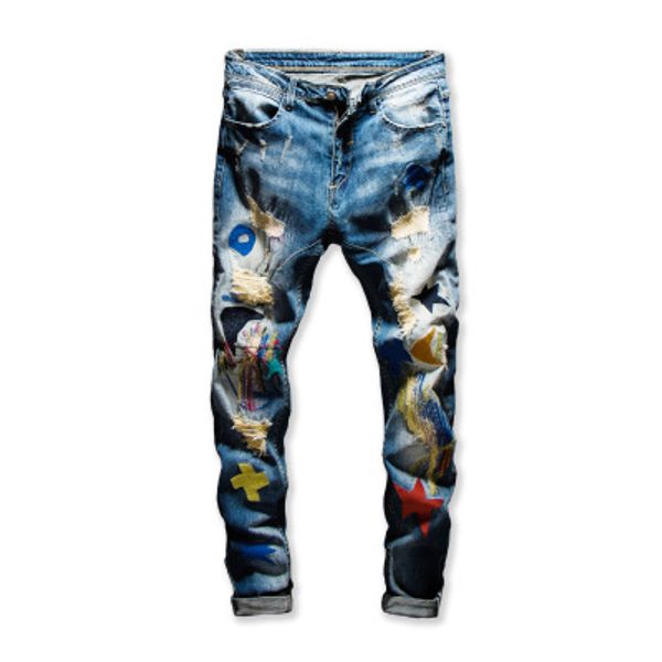 spring and summer new jeans men's slim small straight tube beggar holes embroidery stickers color painting long pants trend, Blue
spring and summer new jeans men's slim small straight tube beggar holes embroidery stickers color painting long pants trend, Blue