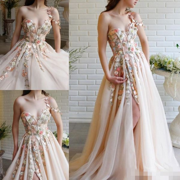 2020 modest champagne prom dresses 3d floral applique one shoulder straps side slit tulle handmade flowers formal evening party gowns, Black
2020 modest champagne prom dresses 3d floral applique one shoulder straps side slit tulle handmade flowers formal evening party gowns, Black