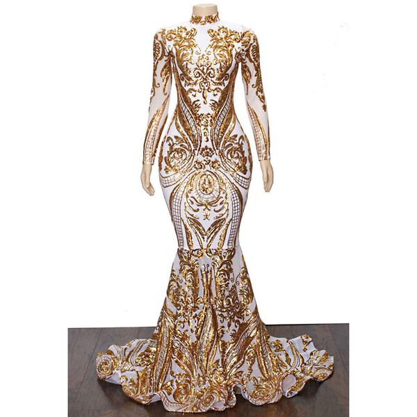 high neck gold sequins pattern mermaid formal evening dress long sleeves floor length women prom gown custom made, White;black
high neck gold sequins pattern mermaid formal evening dress long sleeves floor length women prom gown custom made, White;black