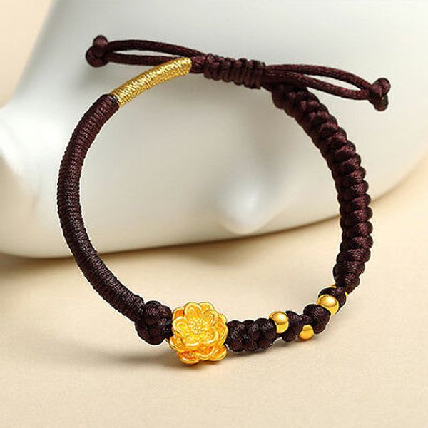 pure 24k yellow gold 3d lotus flower with bead brown knitted bracelet 16cm, Golden;silver
pure 24k yellow gold 3d lotus flower with bead brown knitted bracelet 16cm, Golden;silver