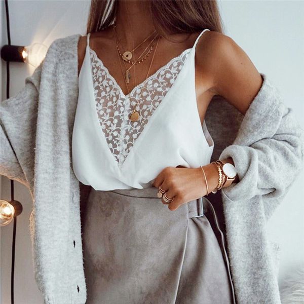 women designer lace camis v-neck sheer camis casual solid color loose camis fashion femmes clothing, White
women designer lace camis v-neck sheer camis casual solid color loose camis fashion femmes clothing, White