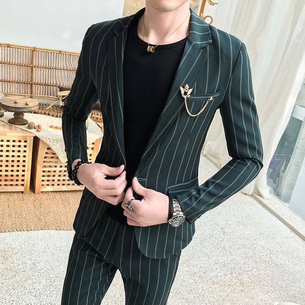 2019 autumn new style thin stripe handsome slim fit suit fashion casual long sleeve suit jacket pants, White;black
2019 autumn new style thin stripe handsome slim fit suit fashion casual long sleeve suit jacket pants, White;black