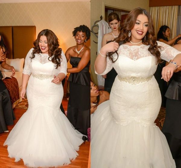 

new plus size lace mermaid wedding dresses vestido de noiva sheer bateau neck 1/2 sleeves appliqued backless bridal gowns with sashes 1357, White