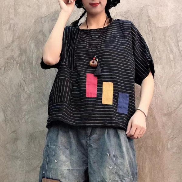 women's t-shirt summer literary retro stripe pattern young shirt linen wild was thin short sleeves, White
women's t-shirt summer literary retro stripe pattern young shirt linen wild was thin short sleeves, White