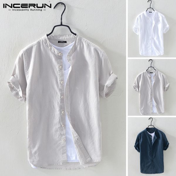 men shirt cotton stand collar short sleeve harajuku solid blouse casual breathable men brand shirts streetwear camisa incerun, White;black
men shirt cotton stand collar short sleeve harajuku solid blouse casual breathable men brand shirts streetwear camisa incerun, White;black