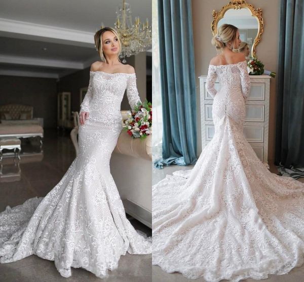 elegant full lace long sleeves mermaid wedding dresses luxury off shoulder beach bohemian plus size bridal gown, White
elegant full lace long sleeves mermaid wedding dresses luxury off shoulder beach bohemian plus size bridal gown, White