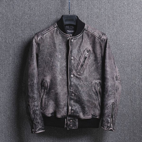 japanese 2020 men's vintage real rub color sheepskin baseball jacket men stand collar leather coat male, Black
japanese 2020 men's vintage real rub color sheepskin baseball jacket men stand collar leather coat male, Black