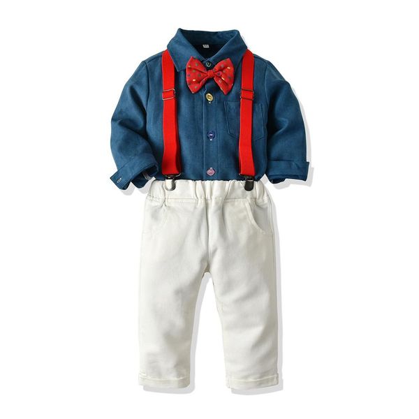 2 sets spring and autumn new gentleman clothes boy corduroy long sleeve bow shirt + trousers + suspenders british style children's clot, White
2 sets spring and autumn new gentleman clothes boy corduroy long sleeve bow shirt + trousers + suspenders british style children's clot, White