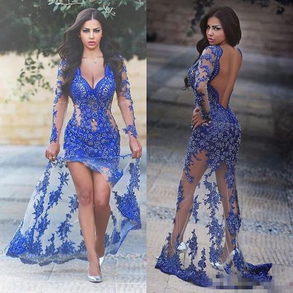 illusion bodice blue mermaid prom dresses long sleeves luxury lace applique deep v neck high low formal evening party gowns custom made, Black
illusion bodice blue mermaid prom dresses long sleeves luxury lace applique deep v neck high low formal evening party gowns custom made, Black